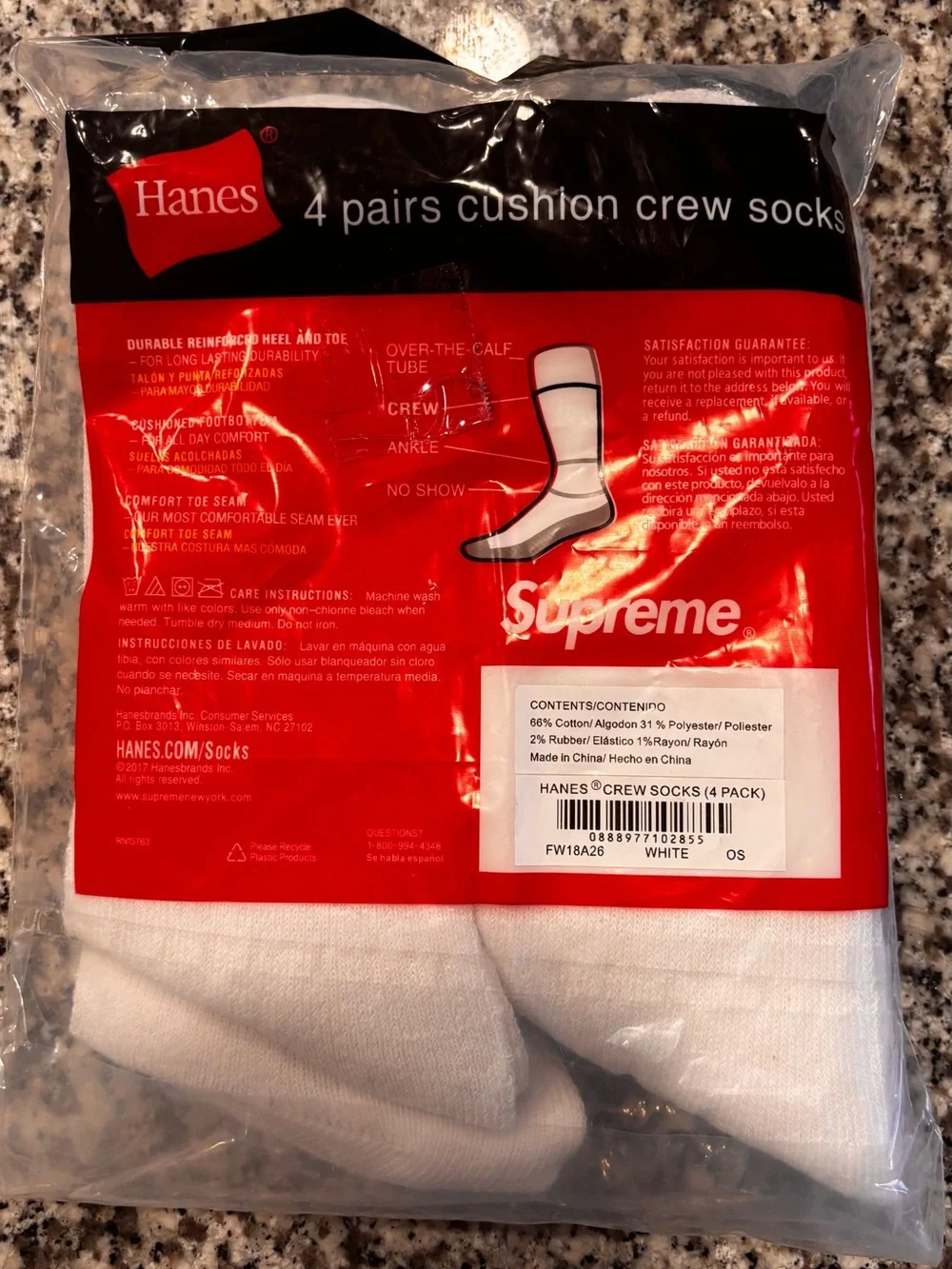 Supreme x Hanes White Crew Socks 4-Pack with Red Logo